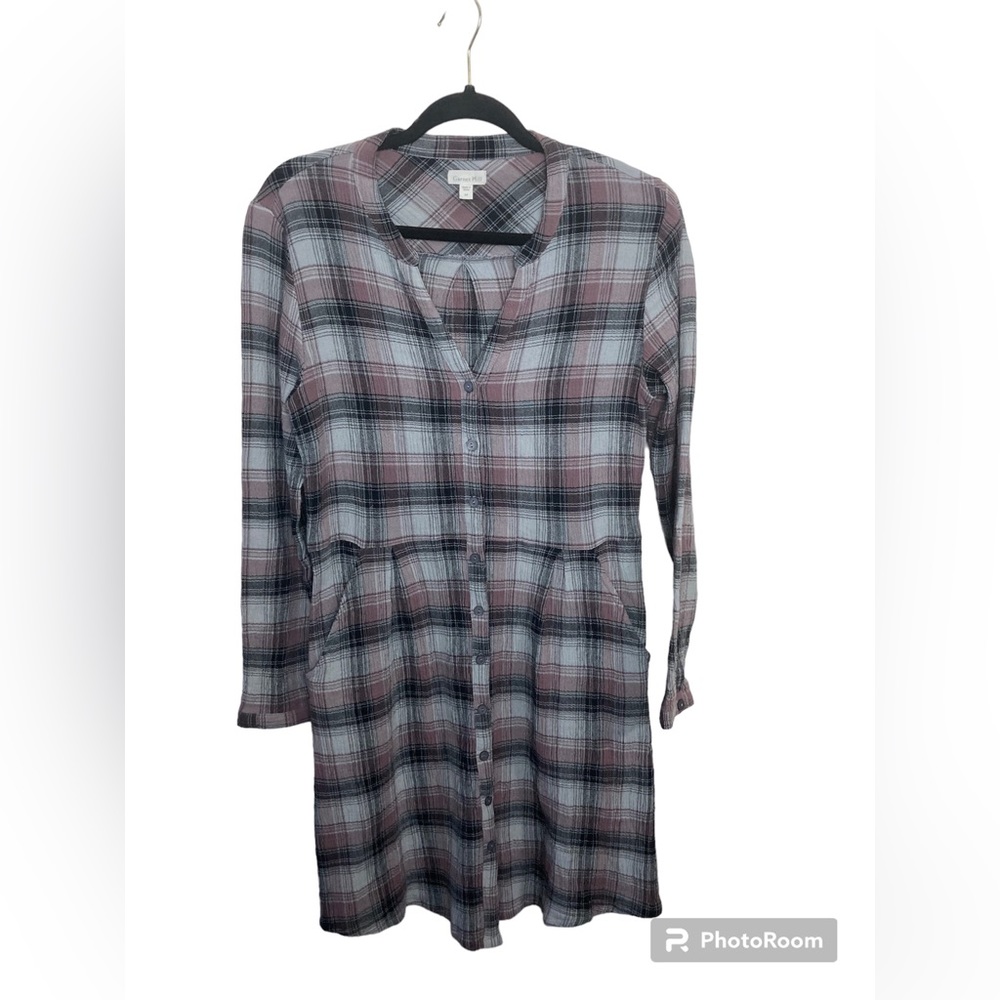 Garnet Hill purple gray plaid gauze shirt dress. 4